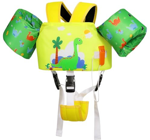 MoKo Chaleco Flotante de Natación para Niños, Manguito Flotador con Correa Ajustable para Niños de 22-55 lbs, Flotador de Piscina Aprender a Nadar Piscina, Dinosaurio Verde Amarillento
