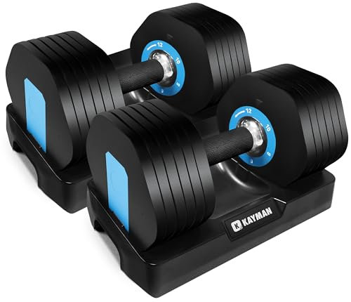 Kayman Adjustable Dumbbell Pair 2x12kg, Powerblock 6-in-1 Weight Set with Quick Radial Dial System, Adjustable Dumbbells Set Strong Grip Workouts & Strength Training dumbells for Home, Gym Fitnes