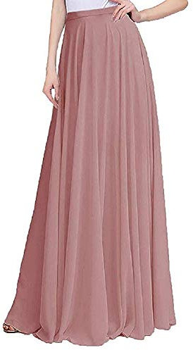 AiberLisha Langer Maxi-Rock aus Chiffon, bodenlang, elastisch, hohe Taille, Brautjungfernrock, rosa - dusty pink, Groß