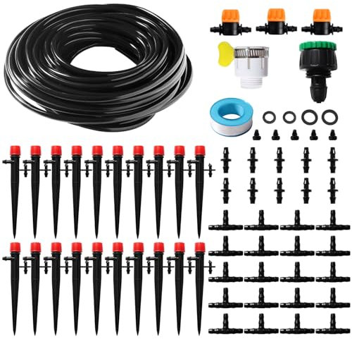 VooGenzek 66 Pezzi 4/7 mm Kit Irrigazione a Goccia, 15m Tubo Irrigazione, Kit fai da te Sistemi di Irrigazione, con Giunti a Barbe Dritte, Connettori a T, Tappi Terminali, per Aiuola
