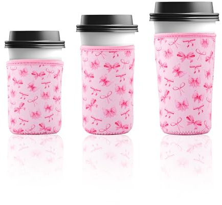 BOXOB 3pcs Reusable Pink Bow Coffee Sleeves, Coquette Neoprene Insulated Cup Sleeves for Iced Coffee Cold Drinks Aesthetic Hot Beverage Holder (3 Sizes)