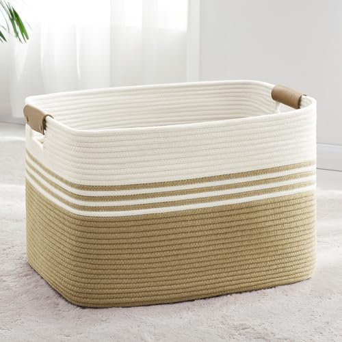 Großer Wäschekorb, Aufbewahrungskorb Baumwollkorb Geflochten mit Lederhenkel für Kleidung, Spielzeug, Kissen, Decke, Korb für Wohnzimmer, Kinderzimmer, Schlafzimmer, 60 x 40 x 36 cm, Khaki
