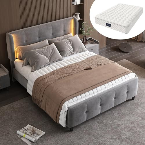 okwish Polsterbett 140x200 cm Doppelbett, Gepolstertes Bettgestell mit Bett Kopfteil LED-Lichtleistenin, DREI Höhen verstellbar, Samt, Grau - mit Matratze