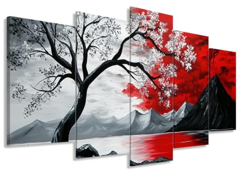 ZXHYWYM Großes 5 teiliges Leinwandbild Wanddekoration für Wohnzimmer Rot Schwarz Weiß und Grau Bilder Baumlandschaft abstrakte Gemälde Drucke gerahmt (Size 1)