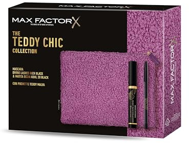 Max Factor, Cofanetto Regalo Donna Teddy Chic, Pochette in morbido tessuto teddy con Mascara Divine Lashes + Matita Occhi Khol Kajal 20 Black