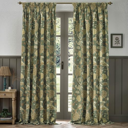 Morris&Co. Cray Pencil Pleat Curtain Pair – Lined Velvet Floral River-Inspired Drapes (Sage/Sunflower - 229x137cm)