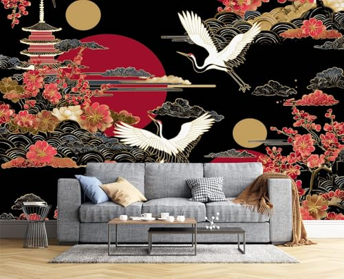 JSCWDET Japanese Pattern 3D Wallpaper Roll Mural Crane Cherry Blossom Wallcoverings for Bedroom Living Room Tv Backdrop 200 × 140 Cm,Red