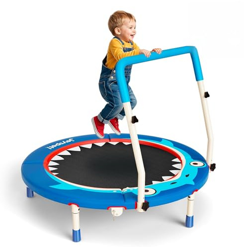 JOY SPOT! Trampolin Kinder Indoor Outdoor, Ø91cm Mini Trampolin mit Verstellbarer Haltegriff, Faltbares Kindertrampolin bis 45 kg, Fitness Rebounder mit Sicherheitspolster für Kleinkind 3-12