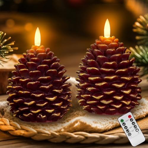 ilifemate Tannenzapfen flammenlose Kerzen mit Timer - Batteriebetriebene LED-Kerzen, realistische flackernde Flamme, rustikale Urlaubs- & Winter-Heimdekoration, Weihnachtsgeschenke für Familie