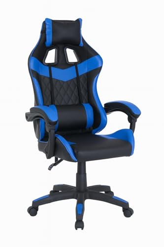 Generico Sedia Gaming Ergonomica, Cuscino Lombare e Poggiatesta – Poltrona da Ufficio e Gaming in Ecopelle, Schienale Reclinabile 135°, Altezza Regolabile (Blu Senza Poggiapiedi)