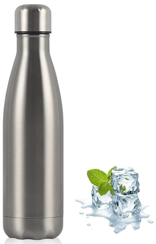 Stainless Steel Insulated Water Bottle 500ml, Double Wall Vacuum Flask – Keeps Drinks Cold 24H, Hot 12H, Leakproof, for Outdoor, Sports, Camping, Gym (Silver)