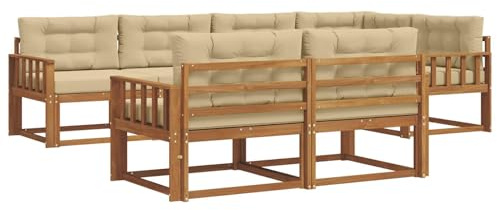 vidaXL Outdoor-Sofagarnitur mit Kissen 7 pcs Natur und Beige, Sofa-Set aus Akazienholz, wetterfeste modulare Gartenmöbel, Outdoor Lounge, Flexibles Sectional-Sitzarrangement