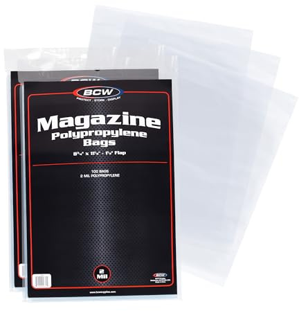 BCW Magazine Bags - 200 Count | Fits Standard 8.5 x 11 Inch Magazines | Acid-Free Polypropylene Magazine Sleeves with Fold-Over Tape Flap | Archival Plastic Magazine Protectors for Collectors