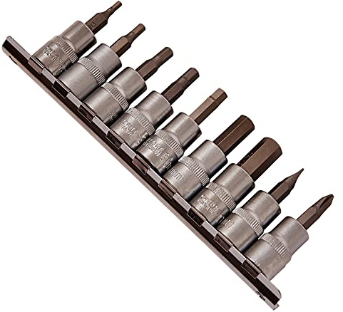 Amtech – 3/8in Hex Bit Socket Set, Drop-Forged sockets & Chrome Vanadium bits, Rail-Mounted, for Bikes, Machinery & appliances (10pc) 3–10mm