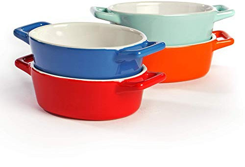 Mini Ceramic Oven Dishes - Set of 4 | Oval Baking Dish | Oven To Table Baking Dishes | Red, Blue, Green & Orange Colours | Lasagne, Pie and Casserole Pot | M&W