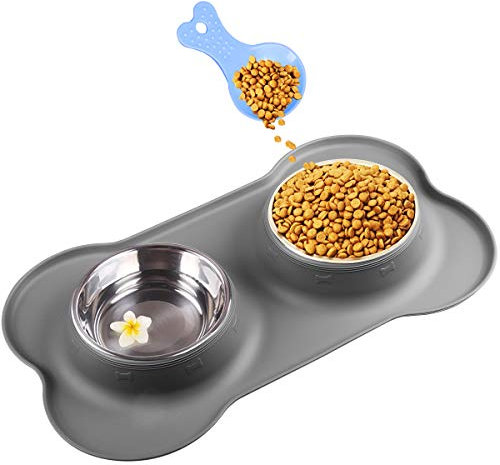 Double Dog Bowls- Stainless Steel 350ml/Bowl Puppy Water and Food Bowl with Non-skid Anti-overflow Silicon Tray Mat for Puppy Dogs, With Pet Food Shovel Gray
