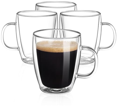 YUNCANG Lot de 4 tasses à café à double paroi en verre transparent de 355 ml avec poignée, verre à café isotherme, tasses à cappuccino, tasses à thé, tasses à latte, verres à boissons résistants à la