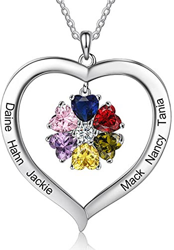 ALBERTBAND Personnalisé 1-8 Pierres de Naissance Collier Argent 925 Collier Dames Pendentif Coeur avec Nom Gravure Mère Fille Chaîne Cadeau pour la Fête des Mères Saint Valentin Noël (6 names)
