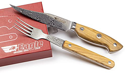 Eagle U-Grip - Steakmesser Set mit Steakgabel - Voll-Damaststahl 108 Lagen/Heftschalen: Olivenholz aus Süditalien