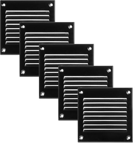Vent Systems 100 x 100 mm Lüftungsgitter - 5 Stück - Schwarz Metall Lüftungsrohr Abdeckung mit Fliegengitter – Belüftungsgitter für Wand & Decke, Innen & Außen – Verzinktem Stahl Abluftgitter