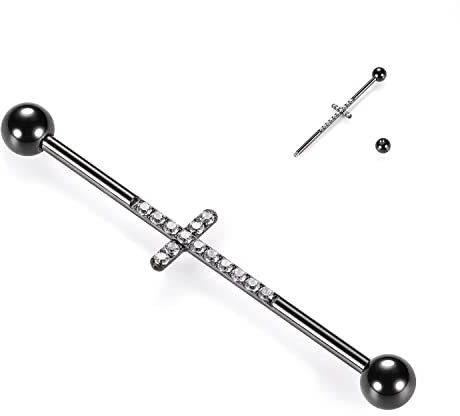 hengkaixuan 14G Industrie-Piercing-Schmuck Schwarzer Chirurgenstahl Industrial Barbell 38 mm langer Gerüststab Industrial Bar mit Kreuz CZ gepflasterter Knorpelohrring Helix Barbell für Damen Herren