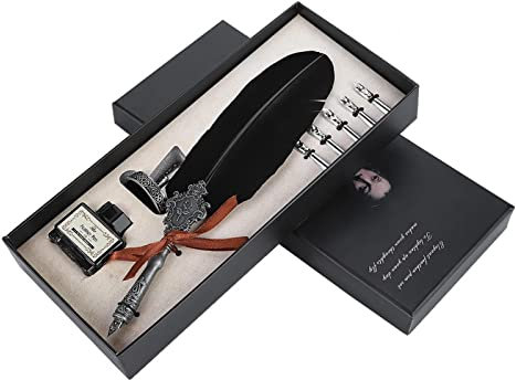 Retro Quill Pen and Ink Set, Feather Quill Pen Set Antique Calligraphy Writing Dip Pen Includes Quill Pen, 5 Replacement Nibs, Pen Stand Base and Ink Bottle, Gifr for Calligraphy Lovers(Black)