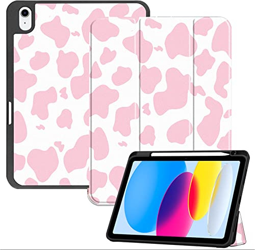 Deokke Custodia Cover Custodia iPad (A16) 11a Generazione 2025 /iPad 10a Generazione 2022,Supporto Della Penna Soft Back Automatico Sleep/Wake Cover Ragazze Donne(Mucca Rosa)
