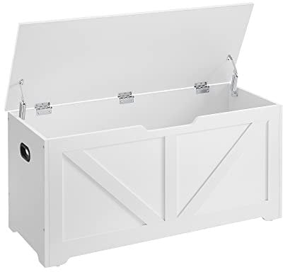 VASAGLE Cassapanca, Panca Portaoggetti, Pouf Organizzatore con 2 Cerniere di Sicurezza, Scarpiera, Stile Rustico, 40 x 100 x 46 cm, per Corridoio, Camera da Letto, Soggiorno, Bianco Nuvola LSB060T14