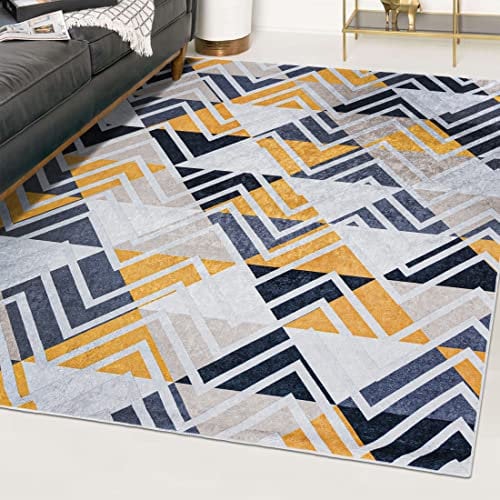 Mazovia Modern Teppich - Kurzflor Waschbar - Weich Teppich für Wohnzimmer, Schlafzimmer, Esszimmer – Teppiche Geometrisch - Grau Gelb 80 x 150 cm