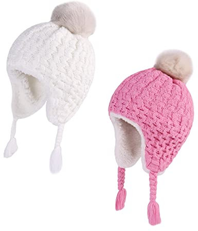LANGZHEN Kleinkind Kinder Winter Hut, Earflap Strick Warm Cap Fleece gefütterte Mütze für Baby Mädchen (Pfirsich+Weiß, 6-12 Monate)