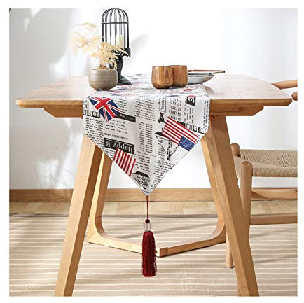 Lieson Tischläufer Dekostoff, Abwaschbar Tischläufer Baumwolle Weihnachts Tischläufer Party Deko Zeitung mit Amerikanischer Britischer Flagge Grau 33x140CM