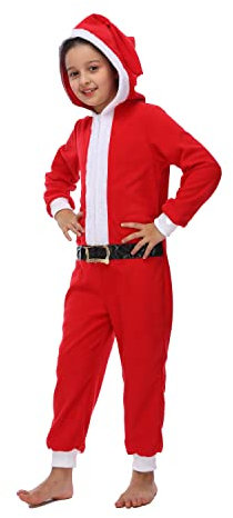 Sincere Party Weihnachtsmann Onesie für Kinder, Jungen Mädchen Weihnachtsmann Kostüm für Weihnachten mit Kapuze Santa Hut Groß (8-10)