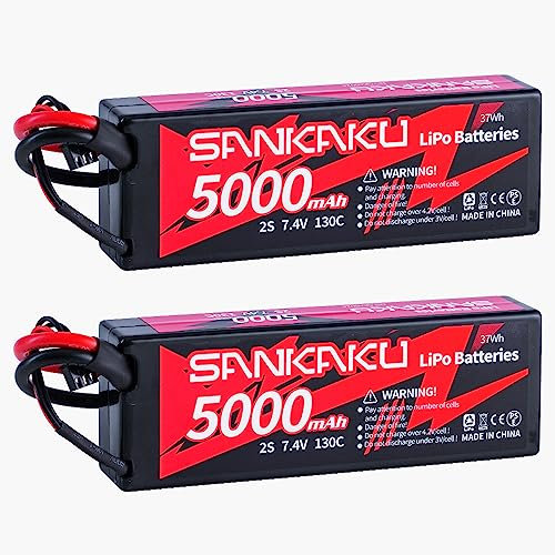 SANKAKU 130C 7,4V Lipo Batterie 2S 5000mAh RC Batteries Coque Rigide avec Prise Deans T pour RC Buggy Véhicules Voiture Camion Réservoir Bateau RC Hobby 2 pièces