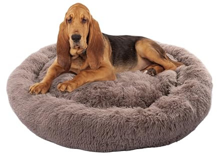 Paco Home Hundebett Katzenbett Flauschig Hundekissen Donut Hundedecke Hund Katze Hundekörbchen Katzenkorb Waschbar, Farbe:Beige, Größe:Ø100 cm