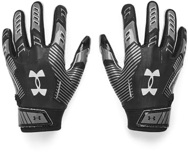 Under Armour Boys' Pee Wee F9 Football Gloves, (001) Black/Castlerock/Metallic Silver, One Size Fits Most
