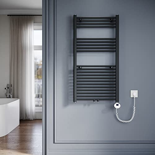 SONNI Badheizkörper Elektrisch mit Thermostat 1150x600 mm Anthrazit Handtuchtrockner Mittelanschluss Oval Handtuchwärmer für Bad Heizung 600W