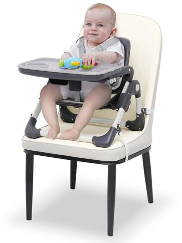 Toddler Booster Seat for Dining Table Portable Baby Chair with Tray Height Adjustable & 5 Point Harness Foldable Travel Booster Seat for Indoor/Outdoor - Infant Seats for Sitting Up 6-36 Months