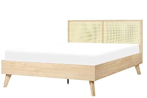 Beliani Bett Heller Holzfarbton Kopfteil Wiener Geflecht Lattenrost 140x200 cm Monpazier