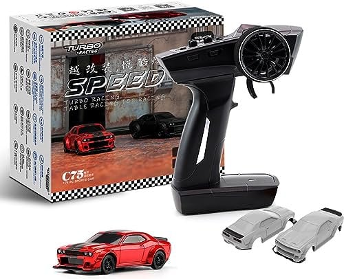FLYCOLOR TurboRC 1:76 Mini Sportwagen 4CH 2.4GHZ Fernbedienung Full Proportional RTR Kit mit 2 austauschbarer Karosserieschale (C75-Rot)