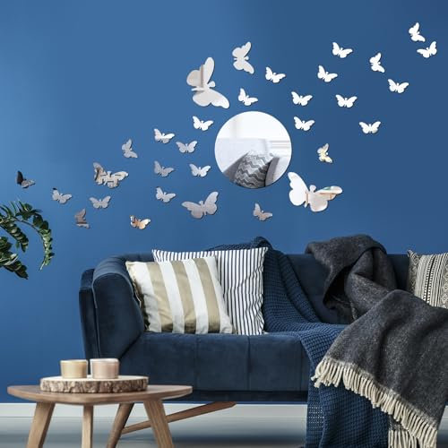 Cosysparks Adesivi da parete a forma di farfalla, 37 pezzi, in acrilico, 3D, specchio argentato rimovibile per soggiorno, camera da letto, ufficio, WHZ00334