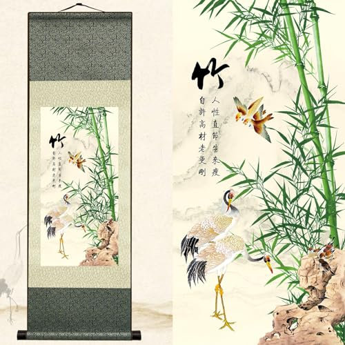 Newscz Decoration Chambre Poster Murale Affiche Decoration Bambou Murale Asiatique Peinture sur Rouleau de Soie Botanique Bambou Decorations Murales pour Decoration Maison Chambre Bureau 92 x 30cm