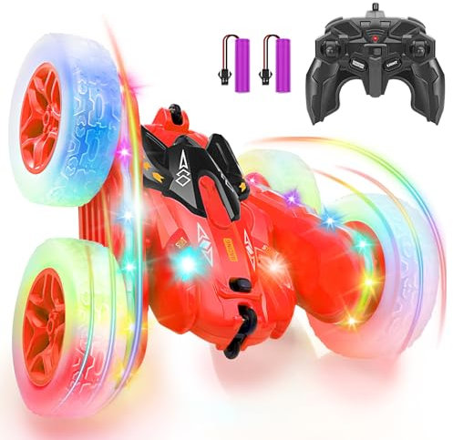 SGILE Stunt Car, Double Sided 360 Flips RC Car with Sides Light Strip, Headlights, 2.4Ghz Remote Control, Rechargeable Kids Toy for Boys Girls Birthday Gift, Red