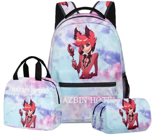 Jilijia HAZBIN 3 Stück Hotel Rucksack Schultasche Bleistift Tasche Umhängetasche Alastor Engelsstaub Charlie Morningstar 3D Druck Laptop Tasche, Typ 9, 43 x 30 x 16 cm, Modern