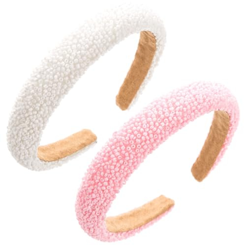 scicent Haarbänder 2 Stück Dickes Gepolstert Haarreifen Mädchen Mode Glitzer Haarreif Breit Haarschmuck für Frauen und Damen (Rosa+Weiß) - 26415