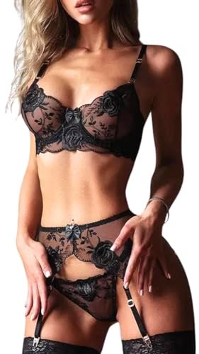 ROSVAJFY Women's Sexy Garter Lingerie Set Suspenders Underwear Sheer Mesh Lace Bra and Thong Set Bikini Three Point Suit Naughty Babydoll Nightwear (Black, S)