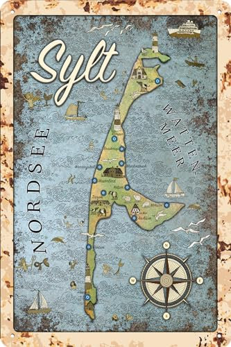 Wetterfestes 30 x 20 cm Blechschild – lustiger Spruch – Meer, Strand, Sonne, Urlaub Fans – Sylt Landkarte