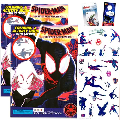 Spiderverse Miles Morales Partyzubehör, Tattoos – Miles Morales Partyzubehör-Set enthält 2 Aktivitätsbücher mit Malvorlagen, Tattoos, Spiele, Spidervers Partyzubehör
