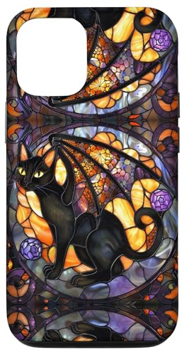 Hülle für iPhone 12/12 Pro Batcat Black Cat Halloween Stained Glass Floral Stain Glass