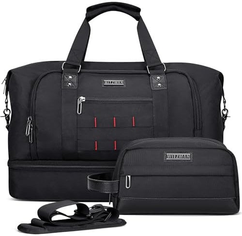 WITZMAN Reisetasche Herren Weekender Duffle Bag Groß 50L mit Kulturbeutel-Sets Wasserdicht Sporttasche mit Schuhfach(B696 Schwarz