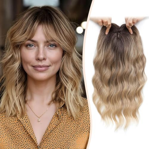 Flyroseing Hair Topper, 6.5x6.5 Large Base Hair Toppers with Fringe 14 Inch Ombre Dark Blonde Wavy Synthetic Wiglets Hairpieces for Women Daily/Vacation